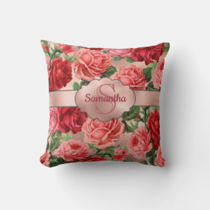 Coussin Nom floral de roses rouge-rose vintages élégants