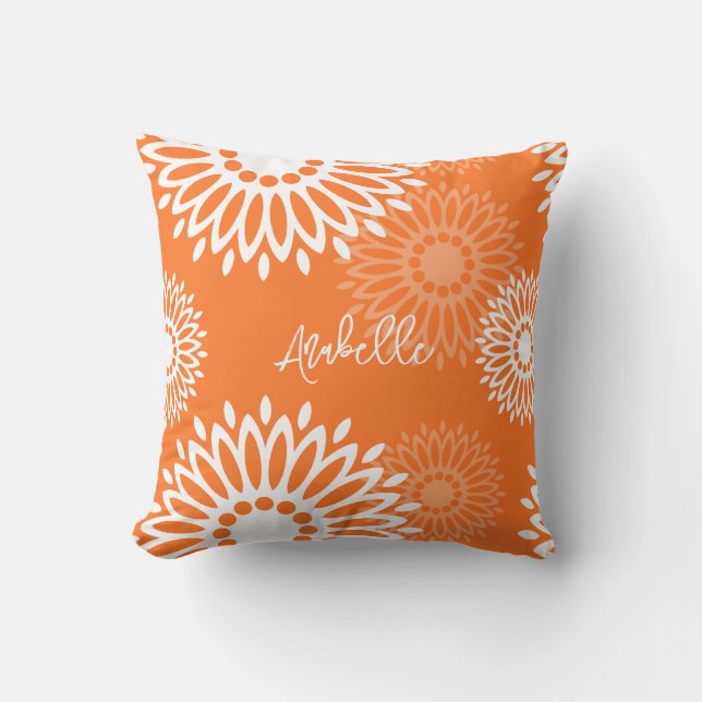 Coussin Nom floral géométrique minimaliste Orange Mandala (Recto)