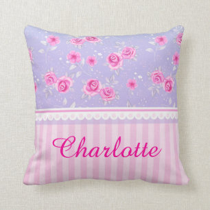 Coussin Nom floral rose rose Girly mignon de coutume de