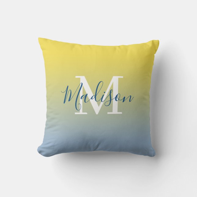 Coussin Nom moderne Monogramme Jaune à bleu clair Gradient (Recto)