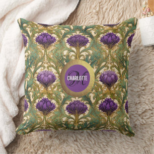 Coussin Nom monogramme de chardon en or violet Art Nouveau