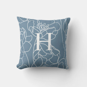 Coussin Nom Monogramme Fleur Sauvage Moderne Bleu Élégant