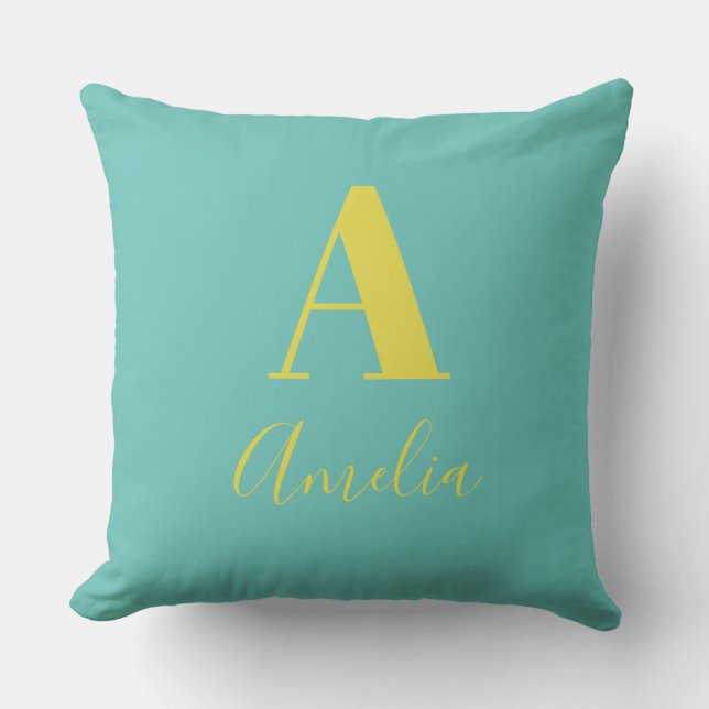 Coussin Nom monogramme minimal Turquoise Jaune (Recto)