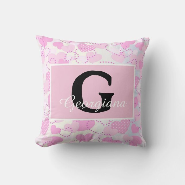 Coussin Nom Monogramme moderne sur Purple Rose Coeurs blan (Recto)
