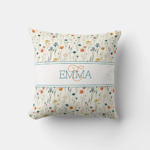 Coussin Nom Monogramme Motif Fleur Sauvage Bohème Orange S
