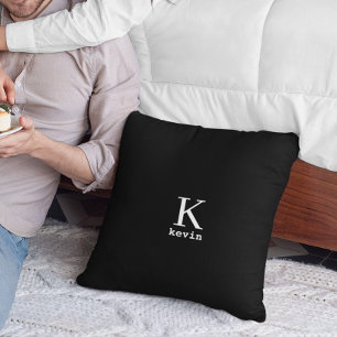 Coussin Nom monogrammé personnalisé noir et blanc 
