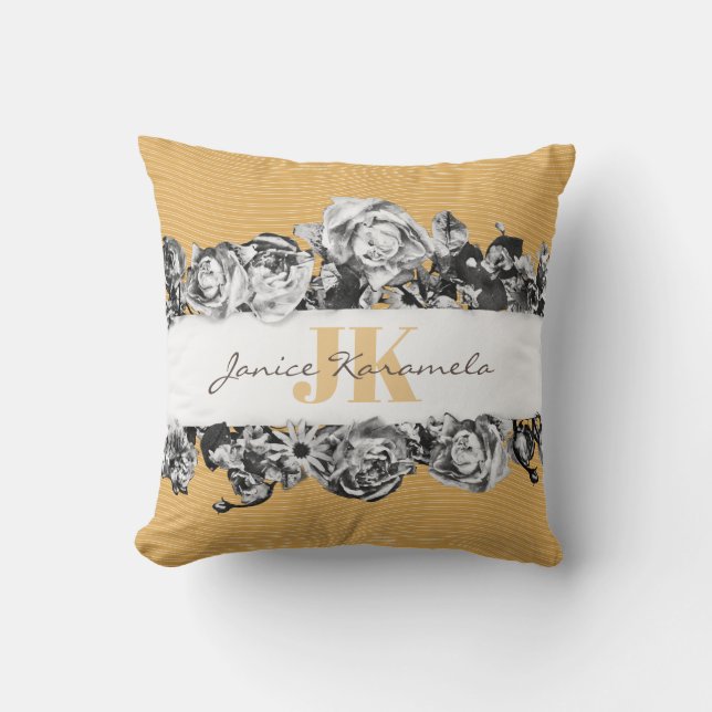 Coussin Nom personnalisable Gold Roses Chic Monogramme Lux (Recto)