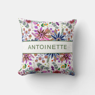 Coussin Nom personnalisable moderne fleuri coloré 