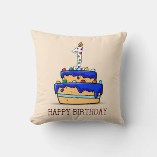 Coussin Nom personnalisé, 1er anniversaire, gâteau bleu do