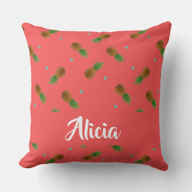 Coussin Nom personnalisé ananas à la lumière rose de nuit (Recto)