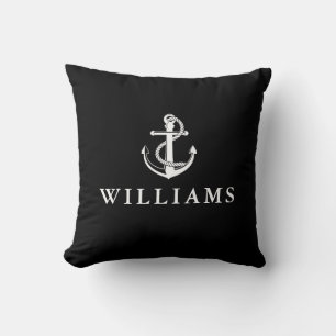 Coussin Nom personnalisé Ancre nautique Noir et Blanc