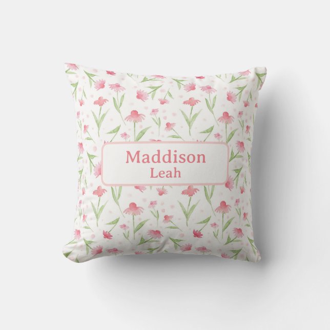 Coussin Nom personnalisé Art Aquarelle Floral Rose Nursery (Recto)