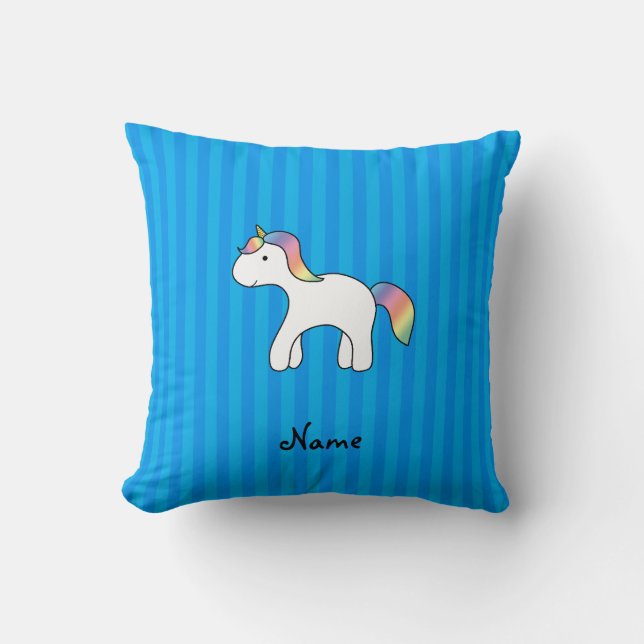Coussin Nom personnalisé bébé licorne bleu bandes (Recto)