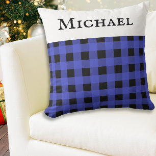 Coussin Nom personnalisé Blue Buffalo Plaid Check Motif