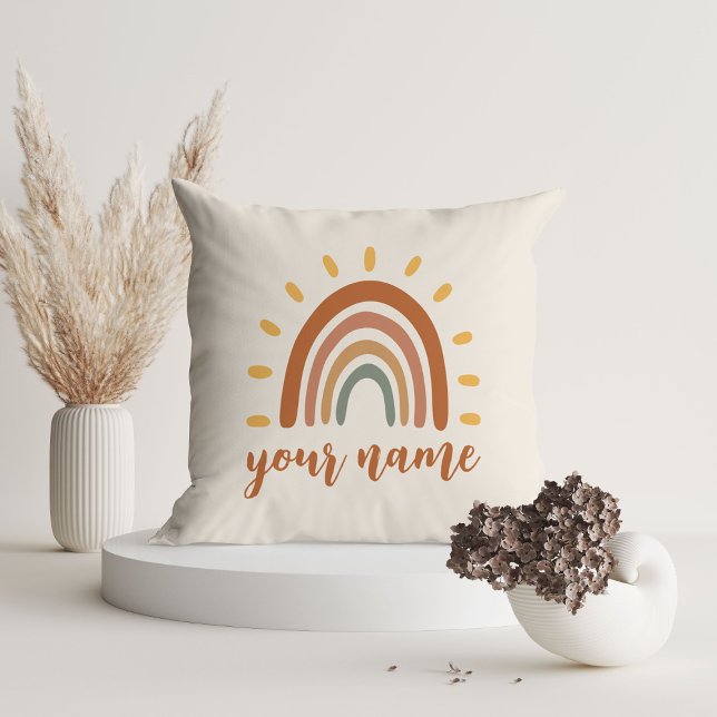 Coussin Nom personnalisé Boho Earth Tone Rainbow Sun (Créateur téléchargé)