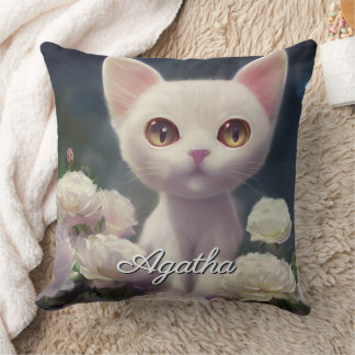 Coussin Nom personnalisé Chaton blanc mignon 
