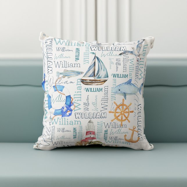 Coussin Nom personnalisé collage nautique cadeaux de garço (Personalized name collage nautical boy gifts throw pillow gifts for boys nursery gifts nursery decor)