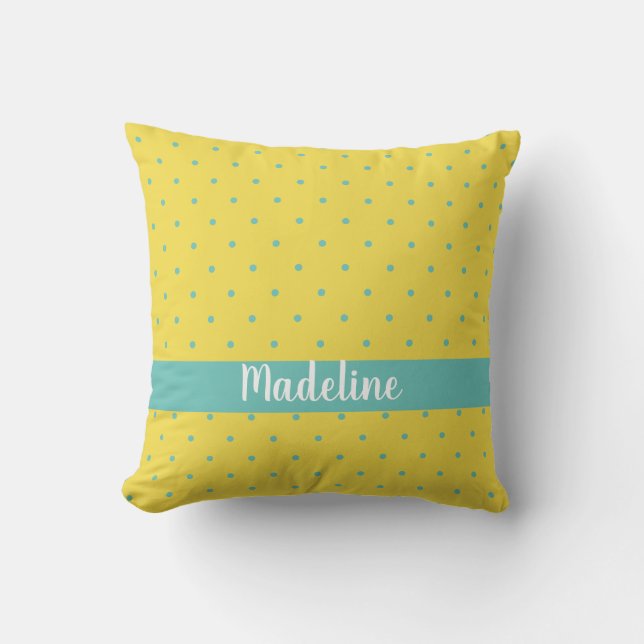 Coussin Nom personnalisé des Pois Jaune et Aqua (Recto)