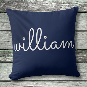 Coussin Nom personnalisé écriture moderne bleu marine