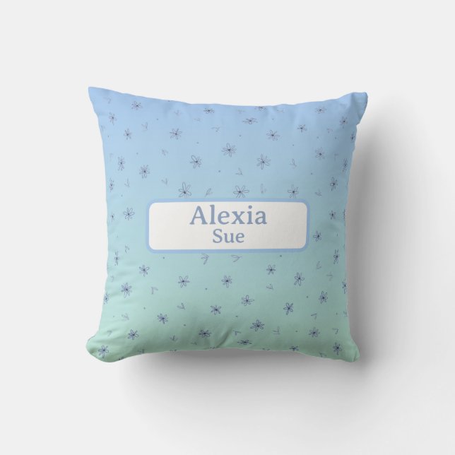 Coussin Nom Personnalisé Enfants Décor Bleu Fleurs (Recto)