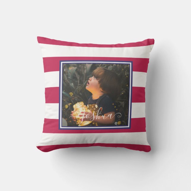 Coussin Nom personnalisé et photo Rouge Bleu blanc (Recto)