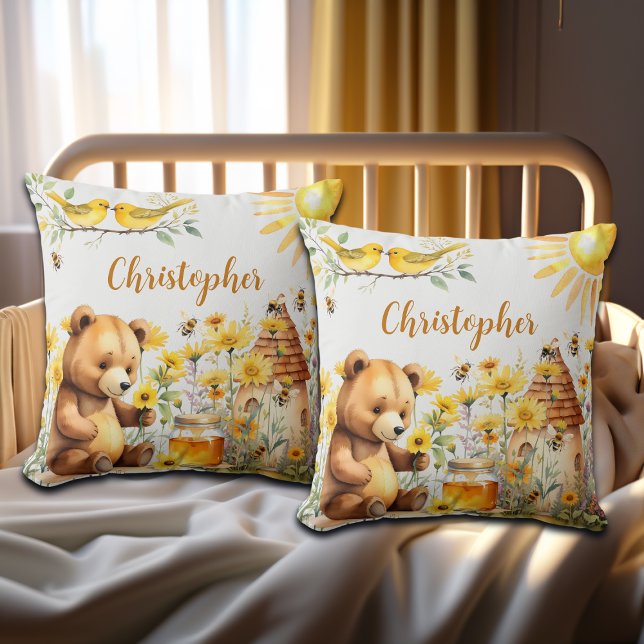 Coussin Nom personnalisé Honey Bees Teddy Bear (Créateur téléchargé)