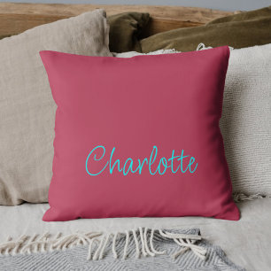 Coussin Nom personnalisé Hot Pink Turquoise Script