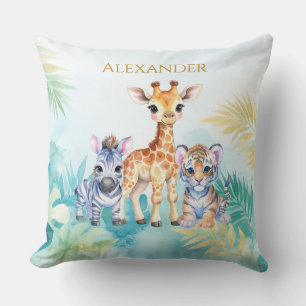 Coussin Nom personnalisé Jungle Baby Zebra Giraffe et Tige