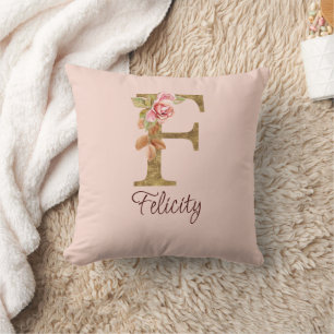 Coussin Nom personnalisé Lettre F Rose Blush Feuille Or