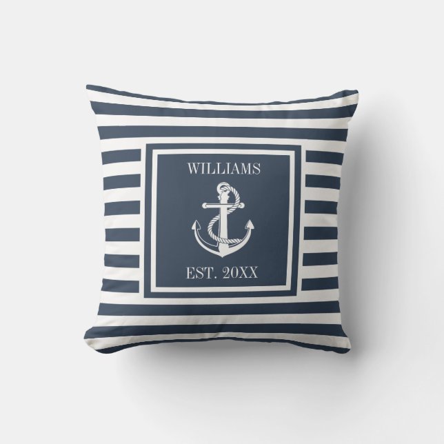 Coussin Nom personnalisé Marine Bleu Bande Ancre marine (Recto)