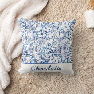 Coussin Nom personnalisé motif floral bleu transparent