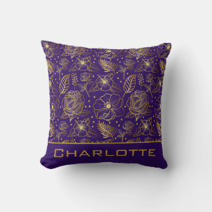 Coussin Nom personnalisé motif floral doré