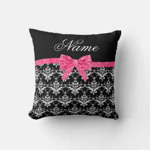 Coussin Nom personnalisé noir blanc damassé rose arc parti