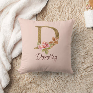 Coussin Nom personnalisé Or Foil Blush Roses roses lettre 