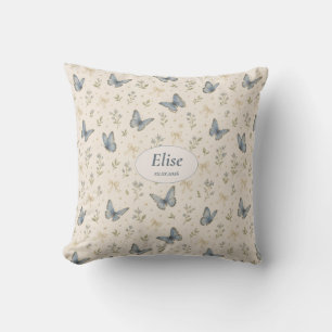 Coussin Nom personnalisé Papillon Bleu Ruban Floral Vintag