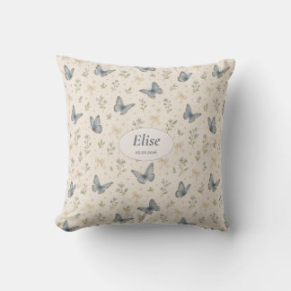 Coussin Nom personnalisé Papillon Bleu Ruban Floral Vintag