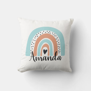 Coussin Nom personnalisé Rainbow Heart Blue Peach