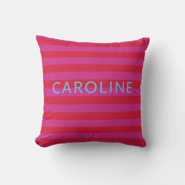 Coussin Nom personnalisé Vibrant moderne rose rouge rayé (Recto)