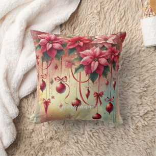 Coussin Nom personnalisé Whimsica Poinsettia Baubles de No