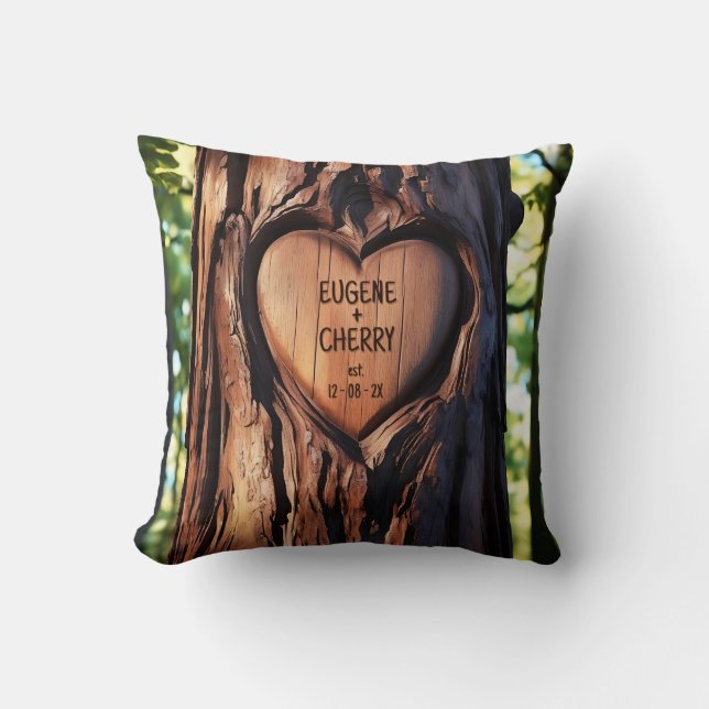 Coussin Noms de coeur sculptés Date Bois Trunk Tree (Recto)
