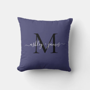 Coussin Noms de mariage élégants monogramme bleu marine Sc