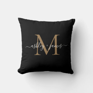 Coussin Noms de mariage élégants monogramme noir écriture 