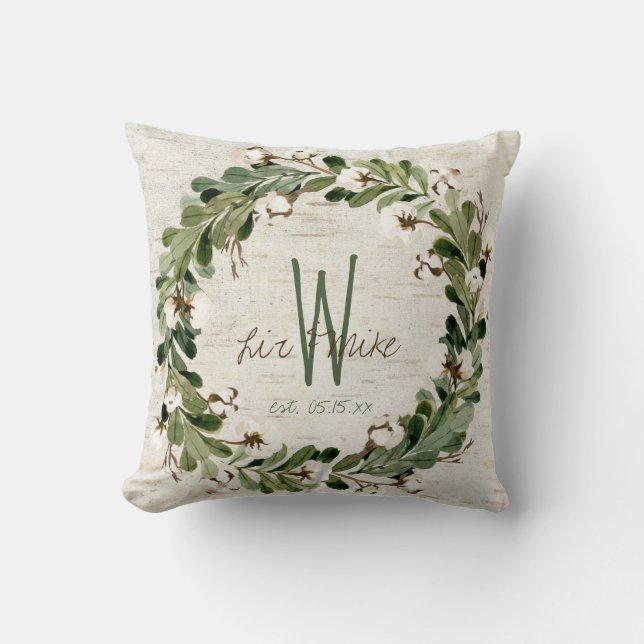 Coussin Noms de monogrammes de couronne naturelle Mariage  (Recto)