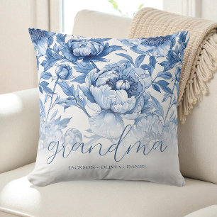 Coussin Noms des petits-enfants de grand-mère bleu élégant