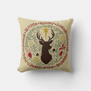 Coussin Noms des rennes de Noël Rudolf Burlap look