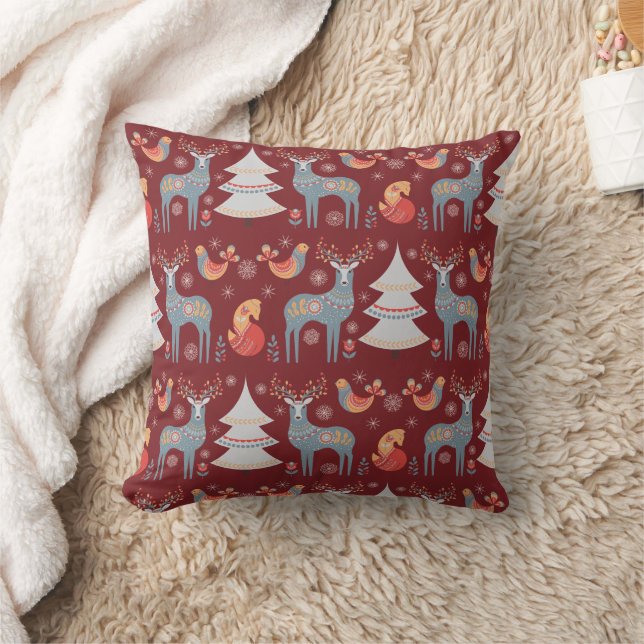 Coussin Nordique Bourgogne Rouge renne Arbre de Noël Flora (Couverture)