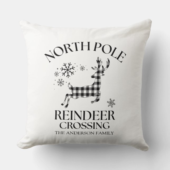 Coussin North Pole Reindeer Crossing Buffalo Plaid (Recto)