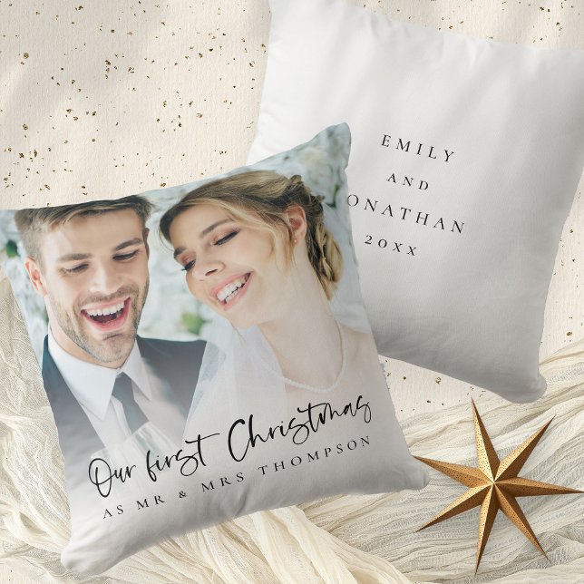 Coussin Notre Premier Noël En Tant Que M. Mme Script Photo (Front and back view)