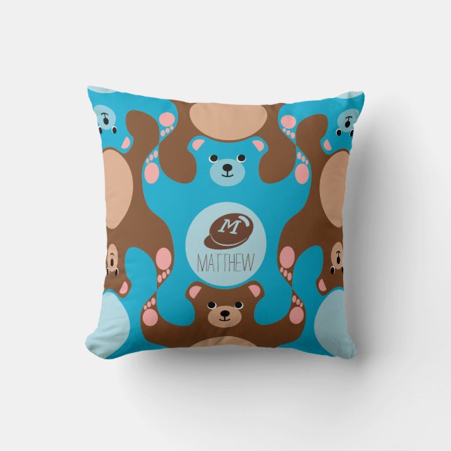 Coussin Nounours bleu marron Monogramme Enfant Carré Couss (Recto)