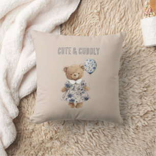 Coussin Nounours en peluche en robe fleurie bleue